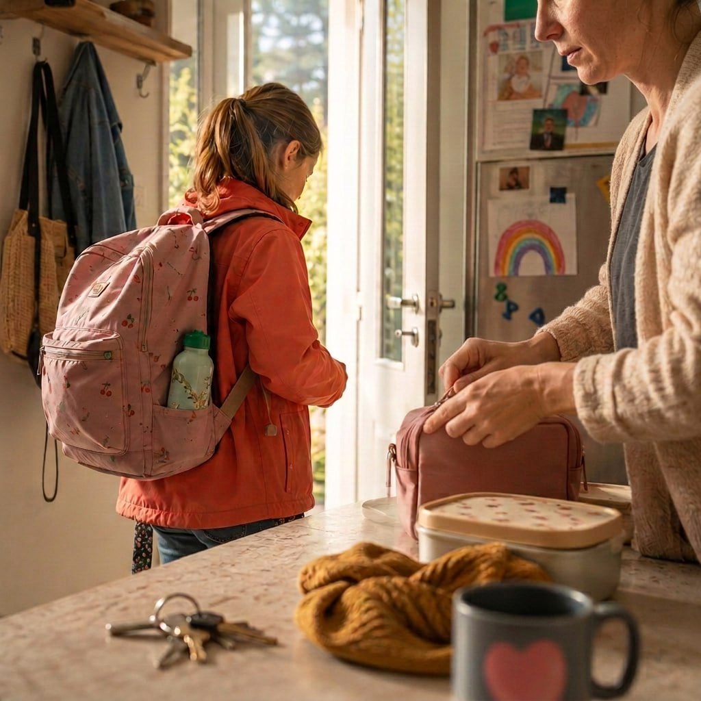 Une enfant avec son sac à dos s’apprête à sortir pendant qu’un adulte prépare des affaires dans une cuisine.