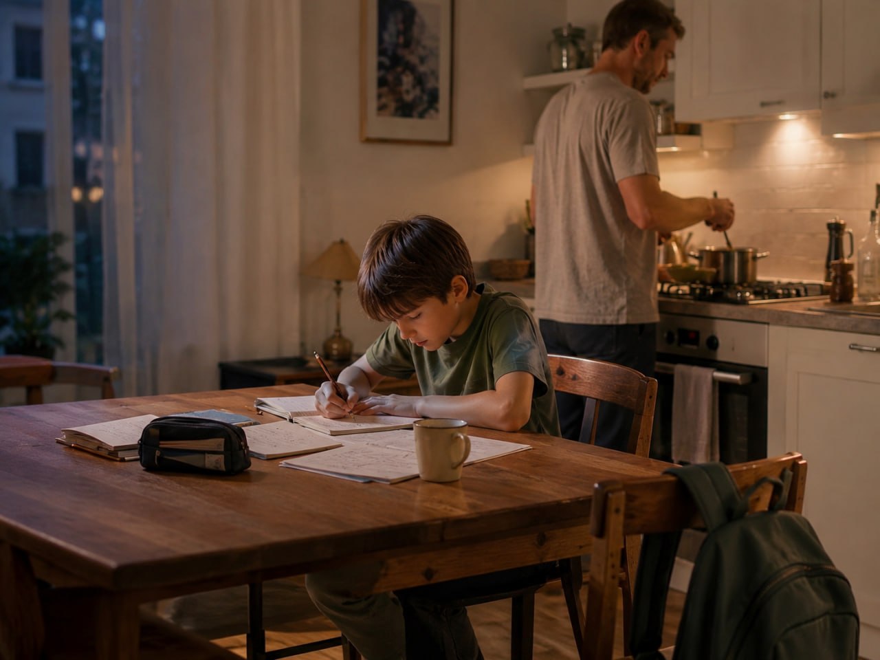 Un enfant dessine à la table pendant qu’un adulte prépare le repas dans la cuisine.